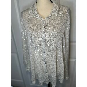 Porter Collective Sequin Button Front Shirt Large Silver White Party Glam Top
